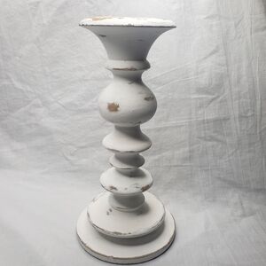 Pottery Barn Distressed Wood Pillar Candle Holder White 3 Inch Wide